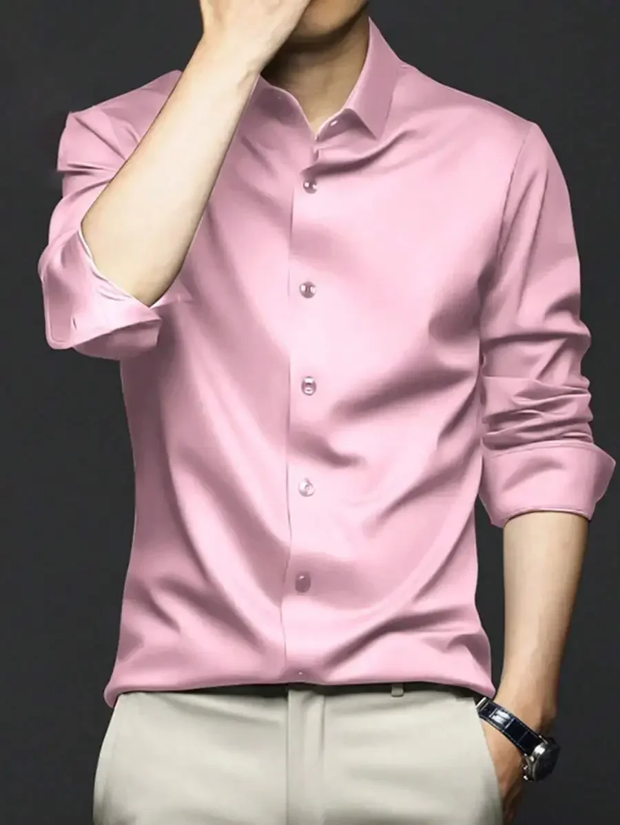 

Mens Silk Feel Elastic Long Sleeve Shirt Solid Color Business Casual Top 96% Polyester 4% Elastane