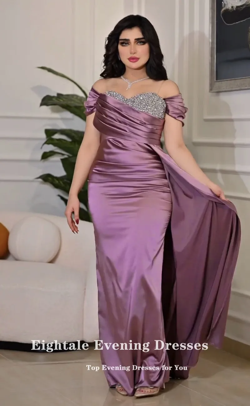 Eightale Arabic Evening dresses Beaded Off the Shoulder Floor Length Satin Purple Mermaid Prom Party Gown Robe De Soirée