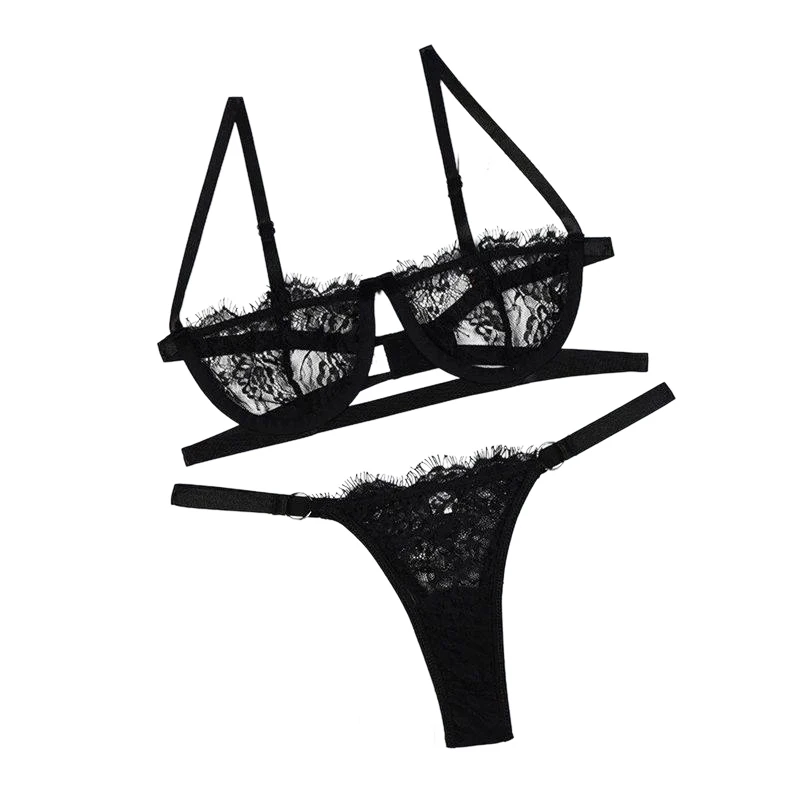 

Сексуальный кружевной комплект белья с открытым бюстгальтером, прозрачные трусики-стринги с полуоткрытой чашкой, комплект из двух предметов для соблазнения