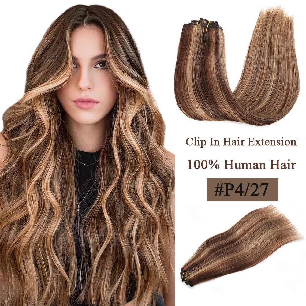 Klip Balayage Highlight dalam ekstensi rambut manusia ekstensi rambut Brasil mulus klip dalam ekstensi rambut untuk wanita ekstensi rambut # P4/27