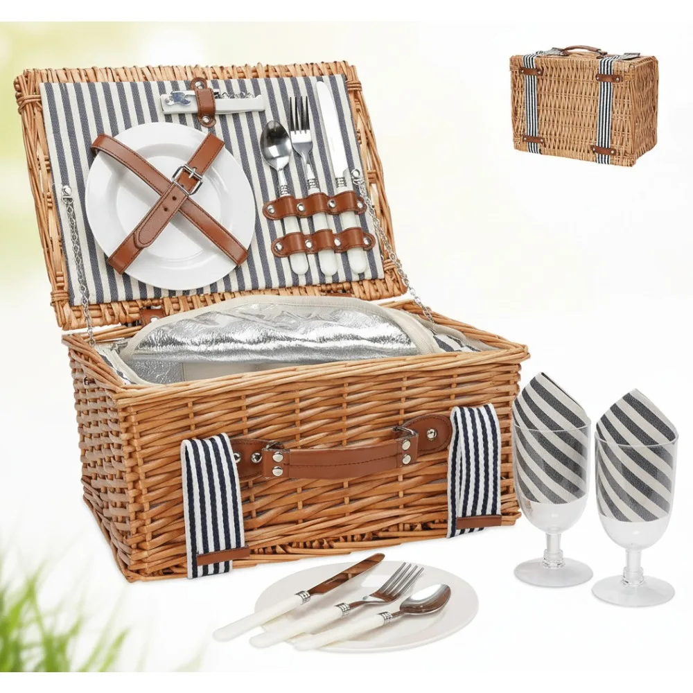 

Handmade Wicker Picnic Basket for 2 Persons with Insulated Cooler & Cutlery Kit, Perfect Gift for Couples, Outdoor Parties