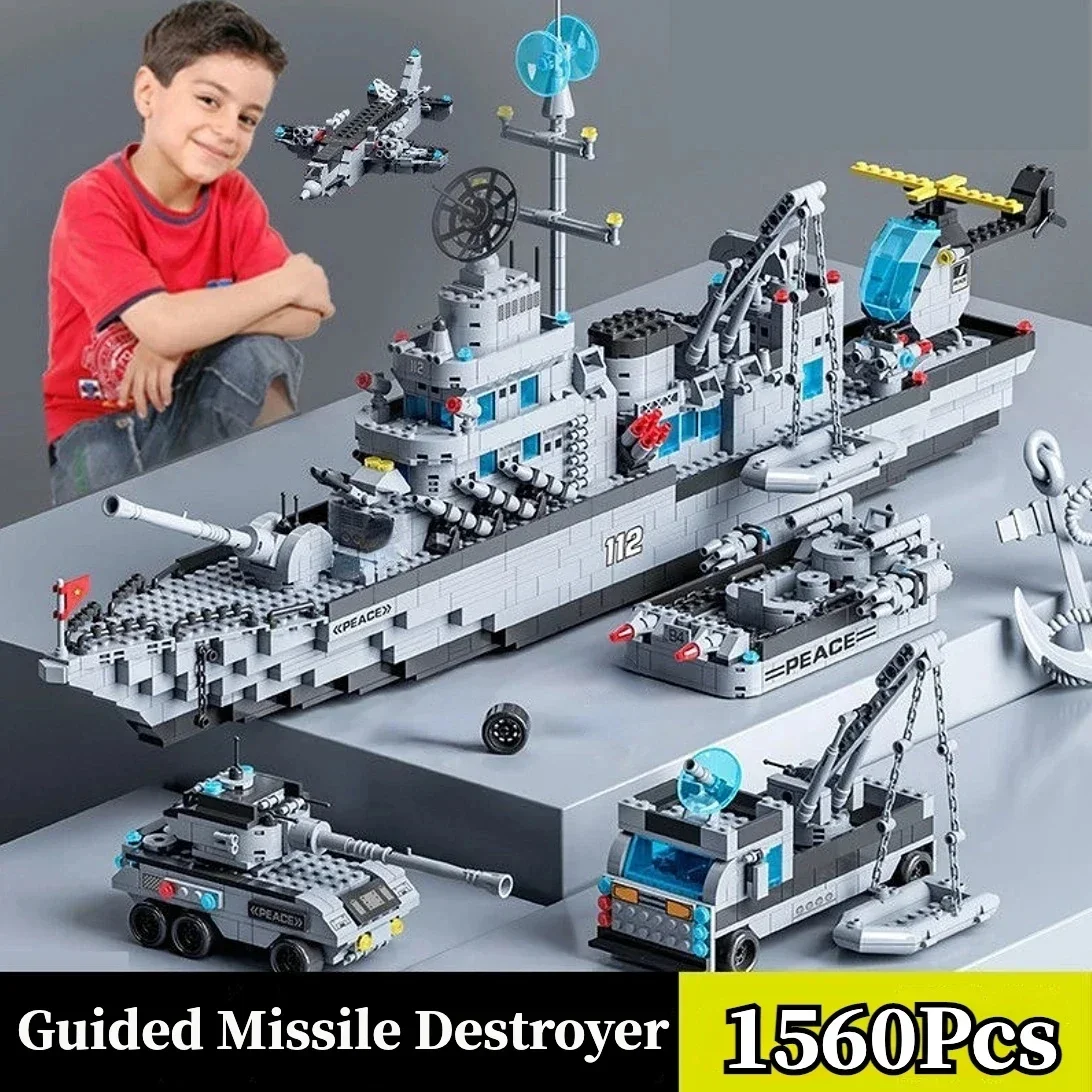 

1560 PCS Navy War Chariot Ship Army Boat Plane Model Warships Building Blocks Construction Set Toys for Christmas Gifts