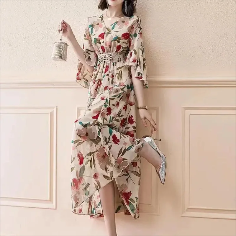 

2024 Print Chiffon Dress Summer V Neck Elastic Sheath Long Temperament Fashion Floral Beach Dress