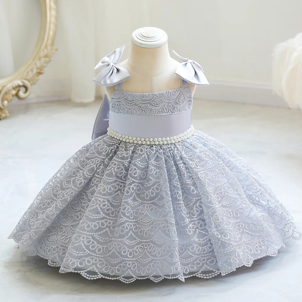 Lace Flower Baby Girls Dress Pearl Sashes Sling Bow White Birthday Clothes New Born Summer Kids Wedding Gown Christmas 1-5 Years