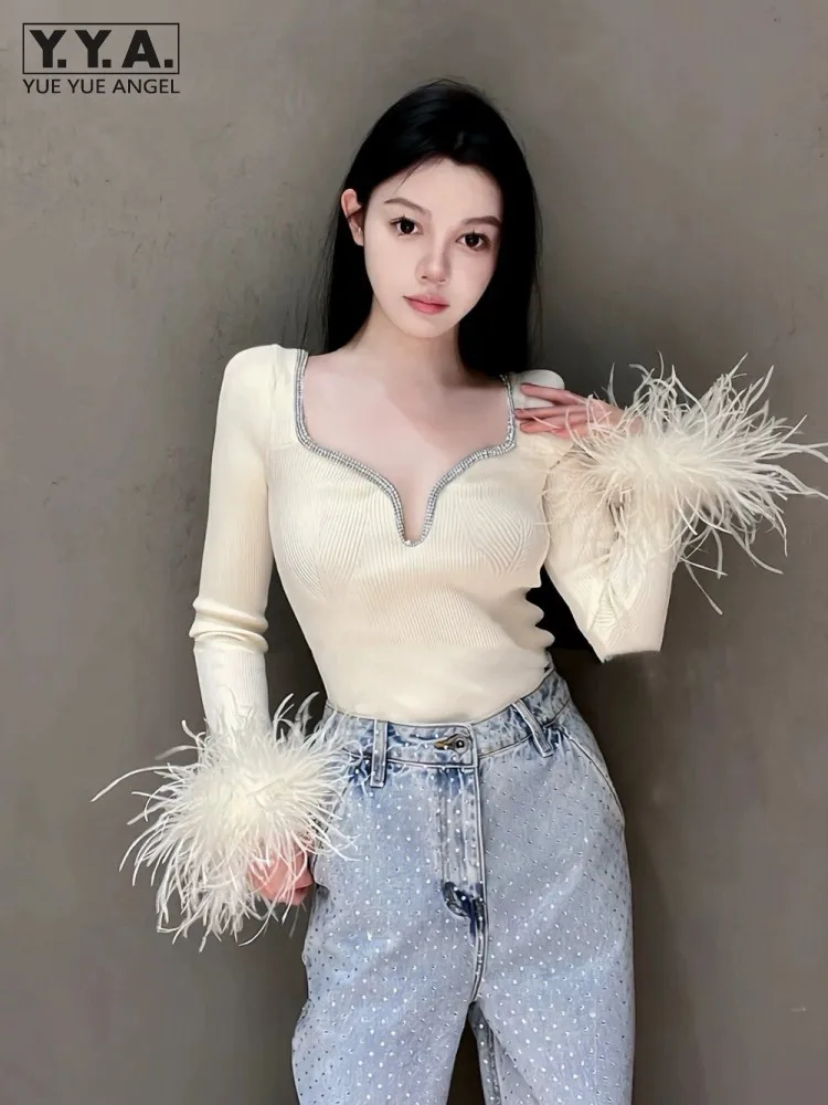 

Women Sexy Diamonds Low Cut Skinny Knitted T-Shirt Feather Long Sleeve Knitwear Tops Spring New Slim Fit Tees T-Shirt Clubwear