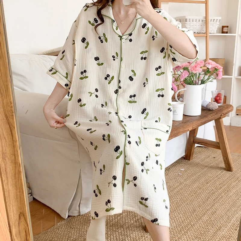 100% Cotton Double Gauze Nursing Nightdress for Maternity Summer Soft Thin Floral Printed Sleepwear Pregnancy Home Hospital Wear