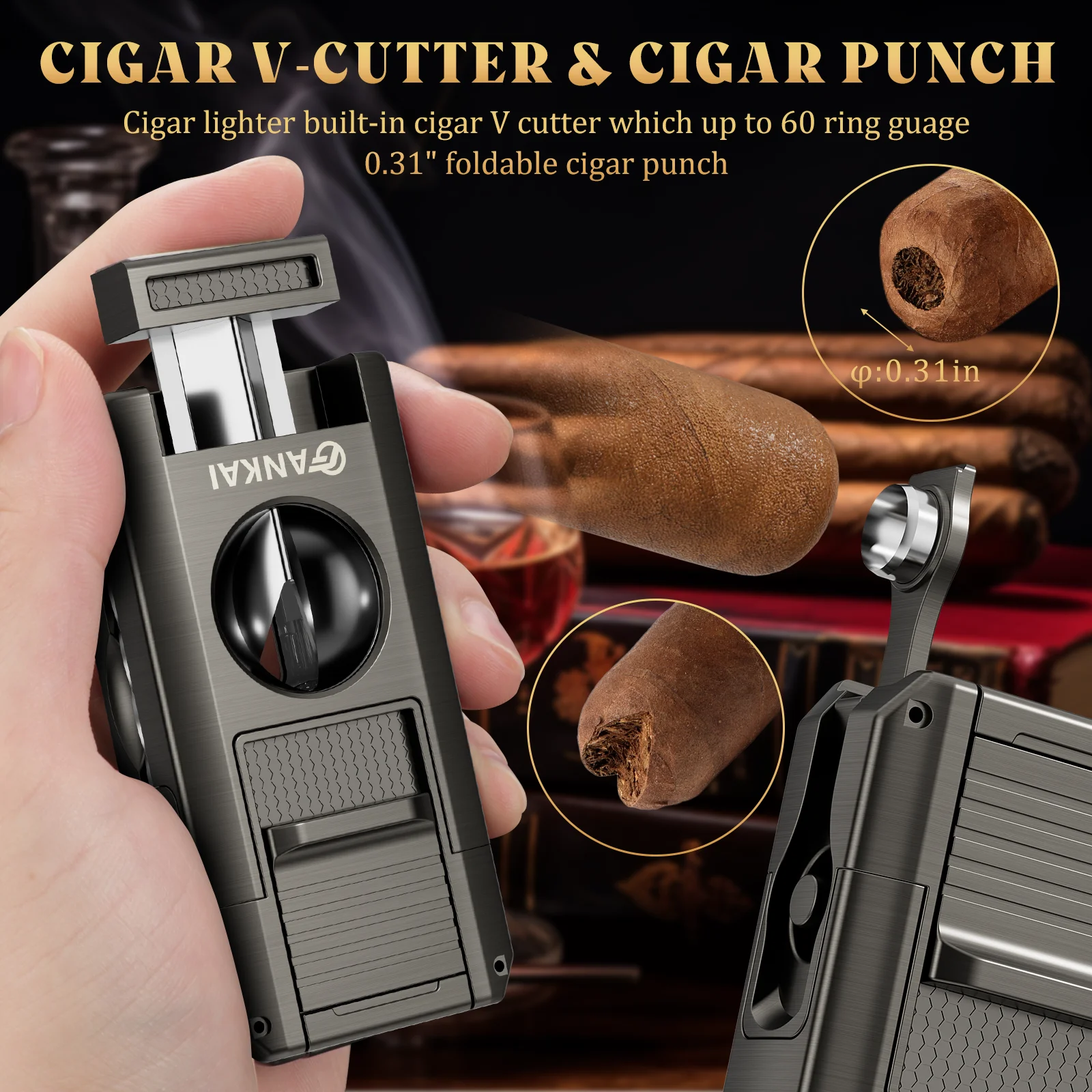 Cigar Lighter, 5 in 1 Cigar Torch with V Cutter, Cigar Punch, Cigar Stand, Cigar Poker, Butane Lighter Double Jet Flame，Gift