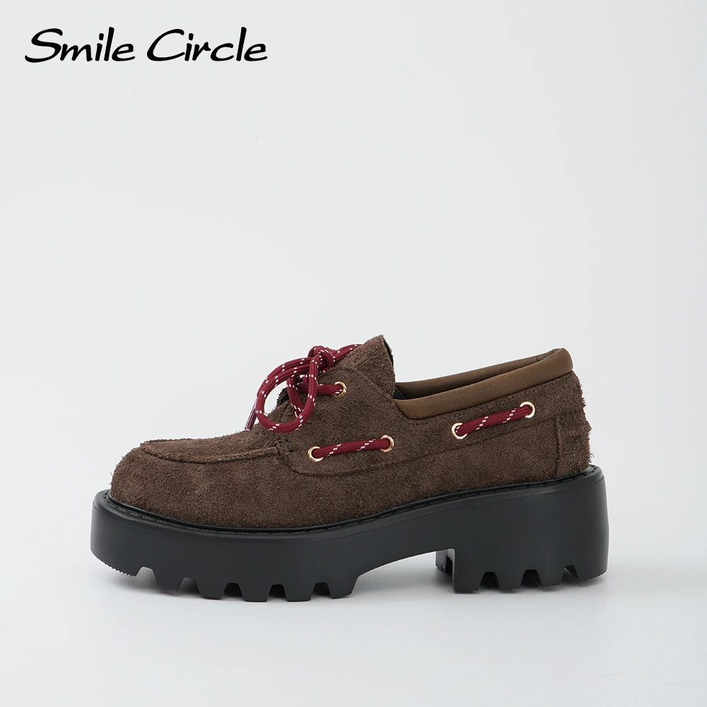 Smile Circle Women's Flats Suede leather Coffee Platform Flats Fashion Genuine Leather Casual Shoes