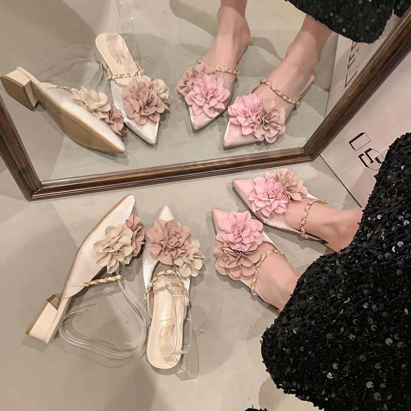 كتلة اللون زهرة عالية الكعب النعال موضة أنيقة مدبب تو كعب سميك النعال الصلبة القوس الصيف الفاخرة أحذية نسائية #4