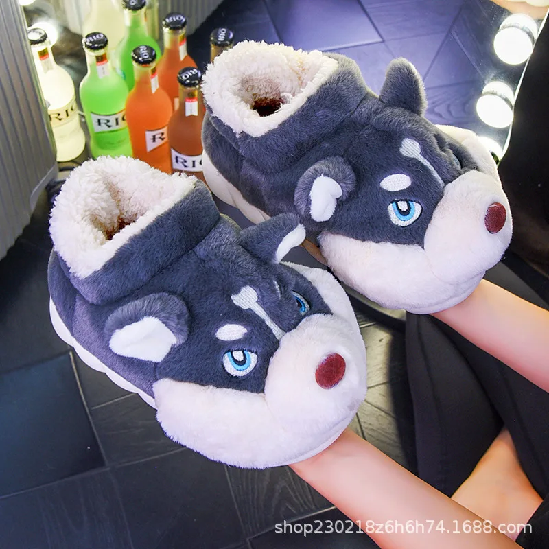 Funny Siberian Husky Men's Cotton Slippers Men's Winter Home Slippers Indoor Warmth Household Lovely Husky Plush Slippers Winter