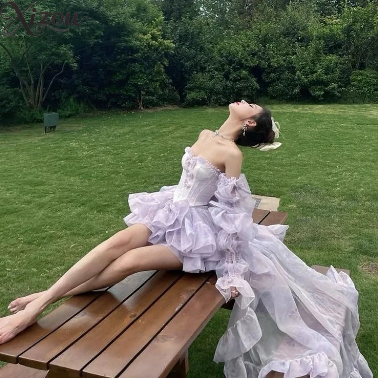 2025 Vrouwen Meisje Zomer Lente Paars Lolita Fee Prinses Set Mouwloze Boog Trailing Bladerdeeg Party Tube Top Pompoen Broek Pak