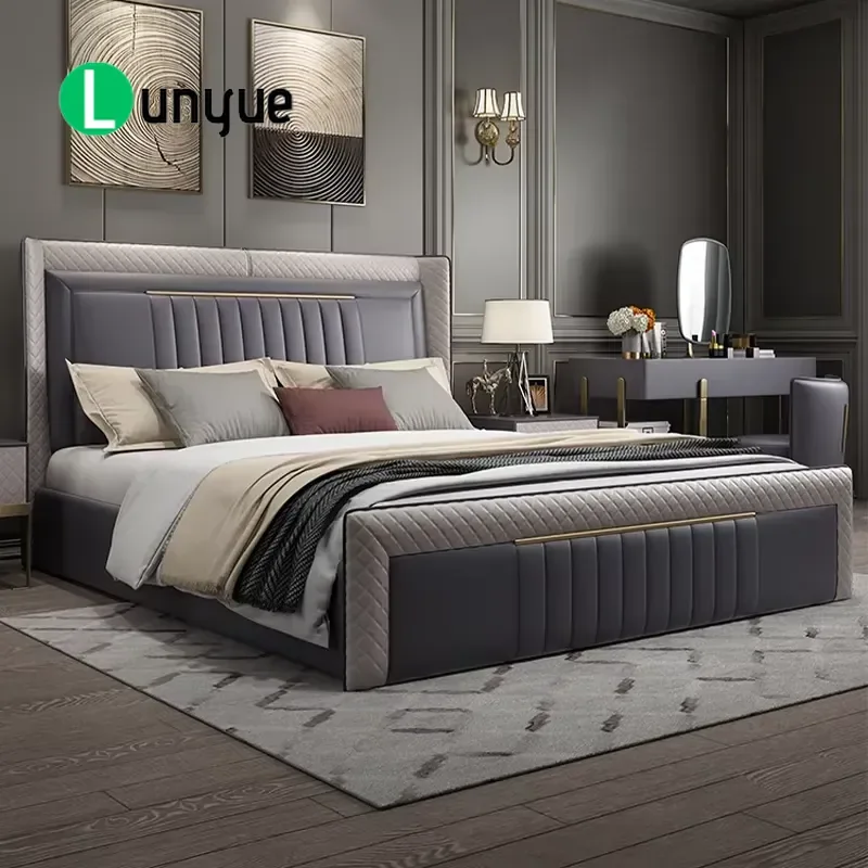 Modern Leather Bed with Quilted Detailing and Gold Trim Customizable Stylish Bedroom Furniture Elegant Design Comfortable