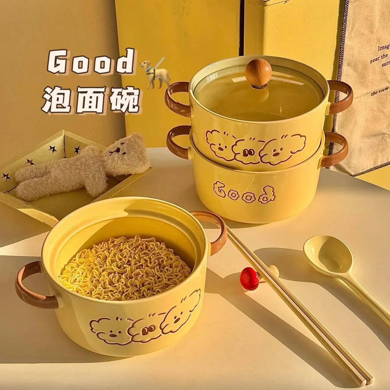 

Миска для лапши быстрого приготовления трех щенков с крышкой Миска для лапши быстрого приготовления для студенческого общежития Миска для риса Бинауральная керамическая миска для супа