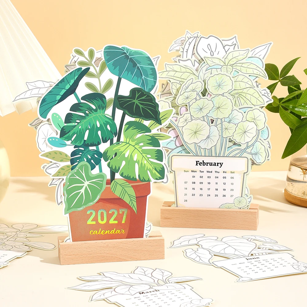 2027 Botanical Coloring Desk Calendar, Wooden Stand with 12 Color-in Cards, DIY Planner & Decor Gift for Office Home School