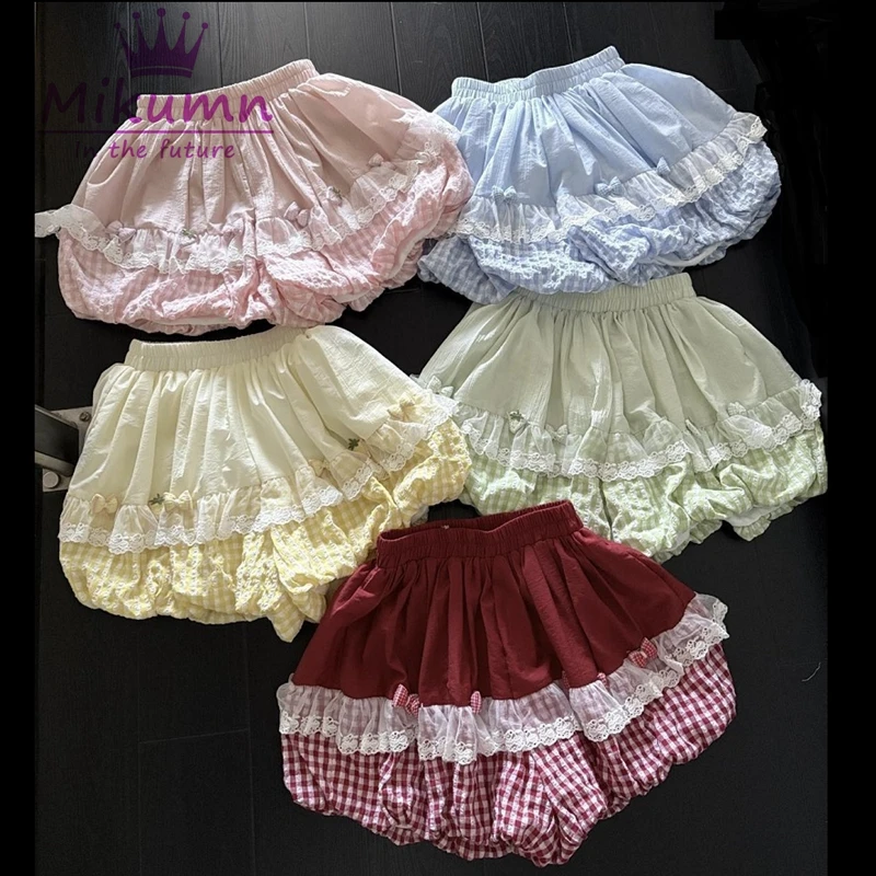 

Mikumn Harajuku Japanese Style Women Shorts Y2k Girls Sweet Bow Strawberry Plaid Bloomers Lolita Kawaii Lace Pumpkin Shorts