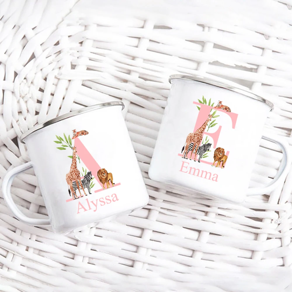 Personalized Safari Animal Initial with Name Cup Custom Wild Party Juice Milk Mug Kids Handle Cup Birthday Favors Gift for Girls