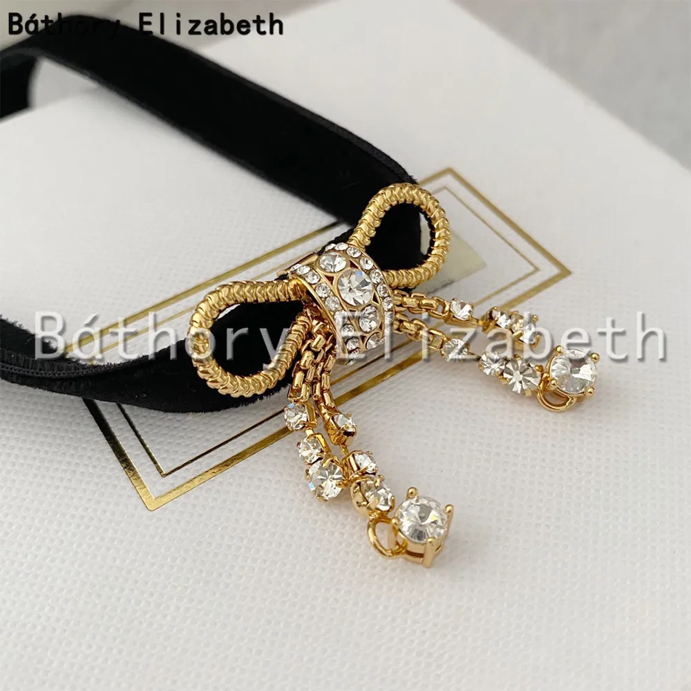 

Báthory Elizabeth Fashion Brand Designer Gold Bowknot Velvet Choker Necklace Women Famous Luxury Fancy Jewelry Lovely Gift