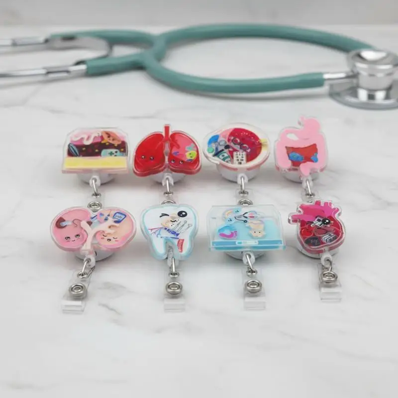 Retractable Nurse Badge Reel 1Pcs Acrylic Shaker Clip Anime Heart Lung Teeth Pattern ID Name Tag Holder For Doctor Worker Supply