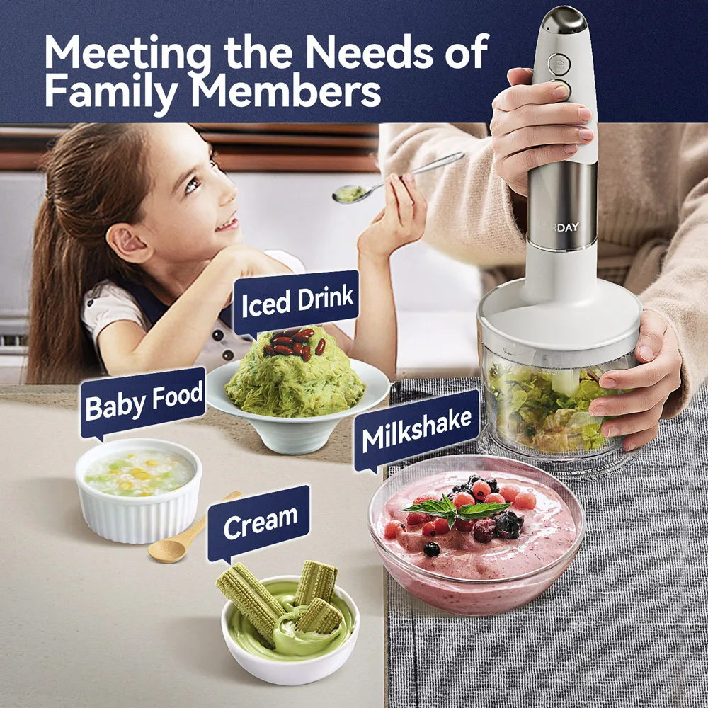 800W 4-in-1 핸드 이머전 블렌더, 스테인레스 스틸 스틱 푸드 믹서, 600ml & 500ml, 화이트