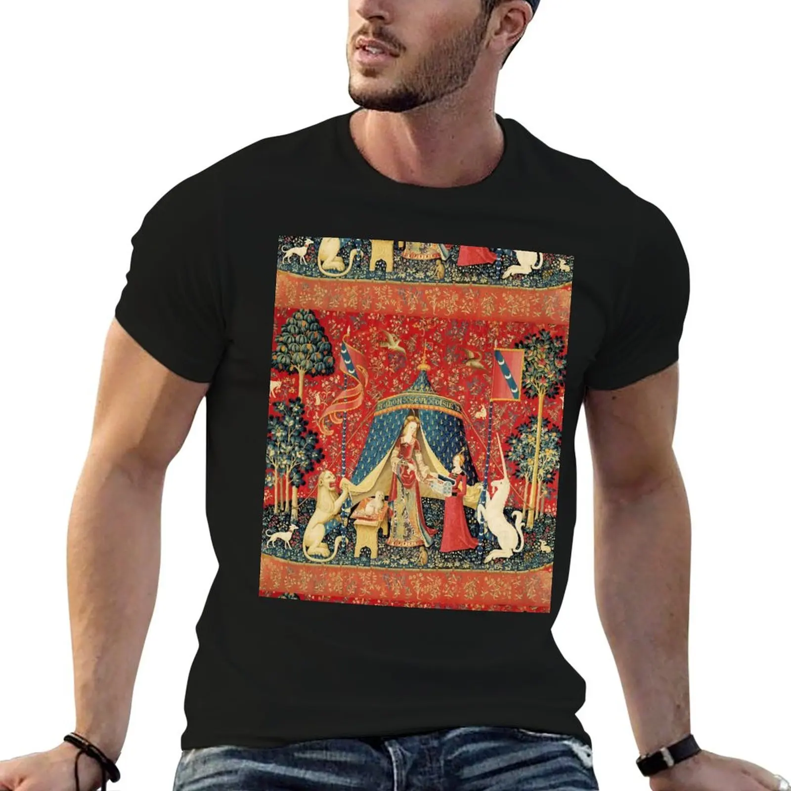 

LADY AND THE UNICORN DESIRE ,Lion,Fantasy Flowers,Animals,Red Green Floral Tapestry T-Shirt custom shirt men t shirts