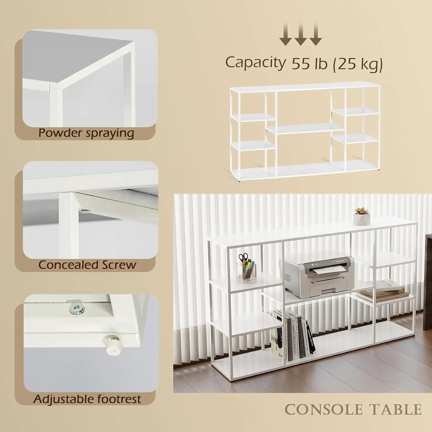 55 Inch Console Table,Narrow Entryway Table,4 Tier Metal Hallway Table,White,55.12×11.81×31.5in Wipe w/ Damp Cloth