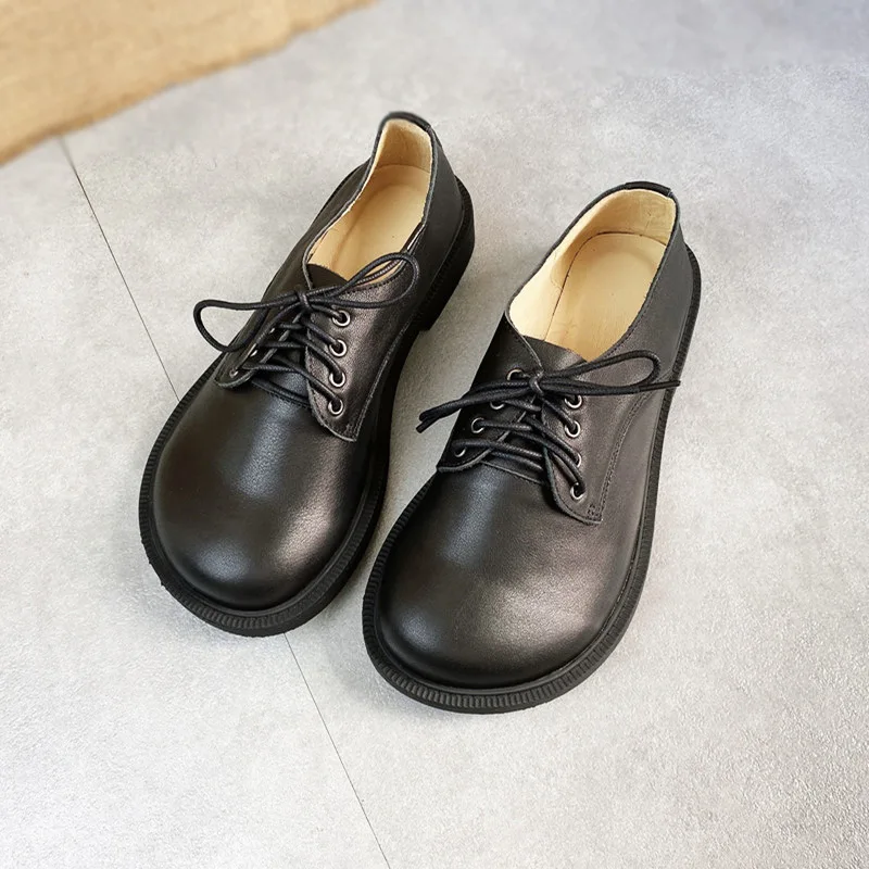 2026Spring new style handmade genuine leather women's shoes, round toe, low heel, comfortable, shallow cut, loose fit women's sh