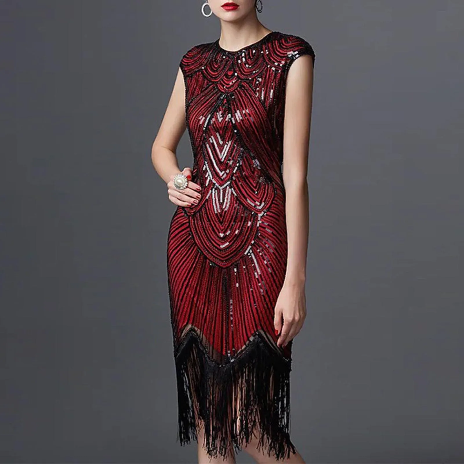 Women 1920s Flapper Dress Vintage Great Gatsby Charleston Party Dress O-Neck Cap Sleeve Sequin Tassel Cocktail Dresses 2024