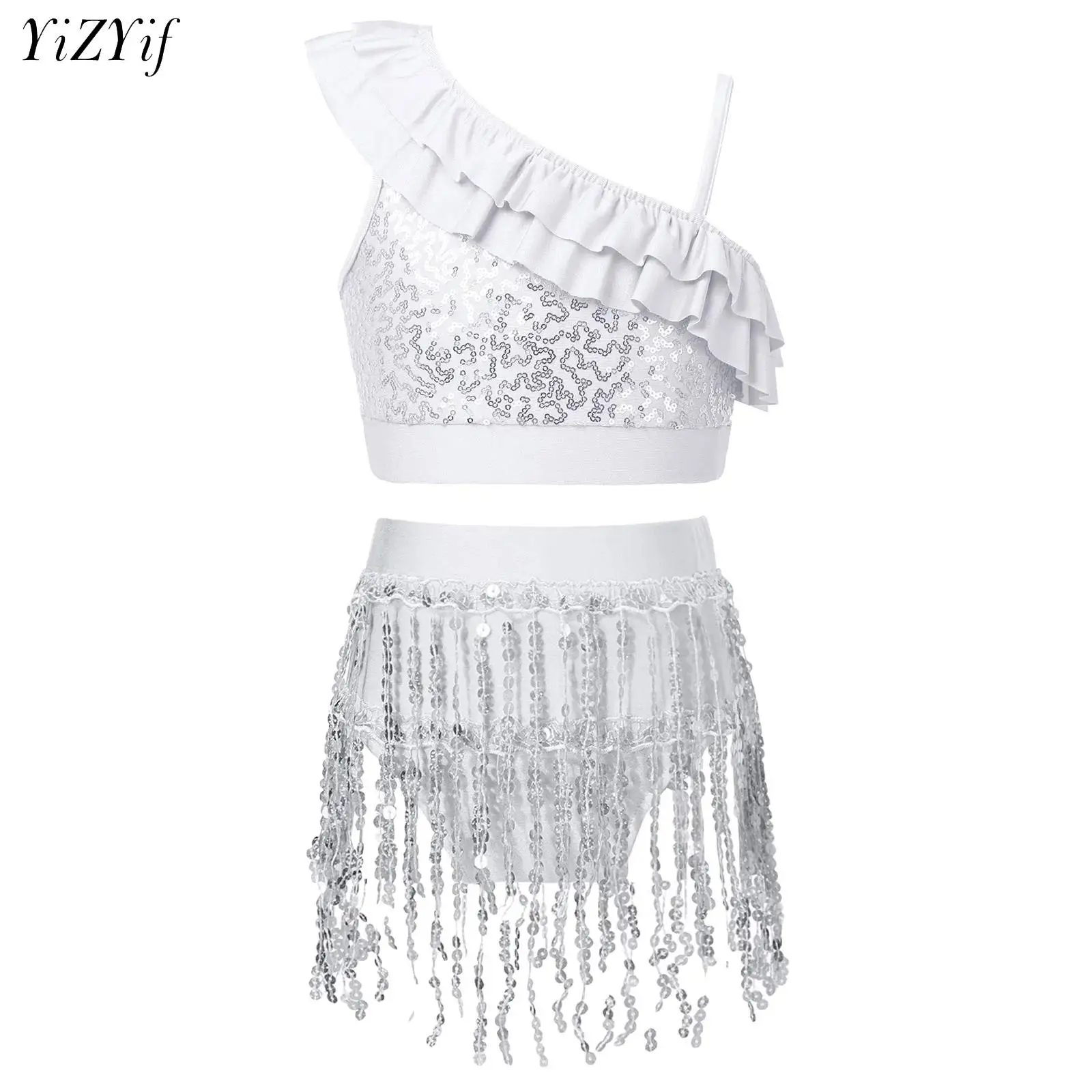 

Kids Girls Sequins Ballet Dancewear Set Sleeveless Crop Top Shorty Unitard Dress Gymnastics Leotard Modern Jazz Latin Stage Wear