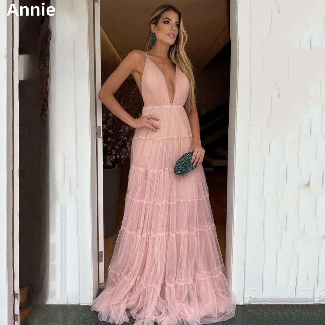 

Annie Sexy Deep V-neck Backless Prom Dresses Exquisite Pink A-line Evening Dress Vestidos De Noche Ladies Wedding Party 2023