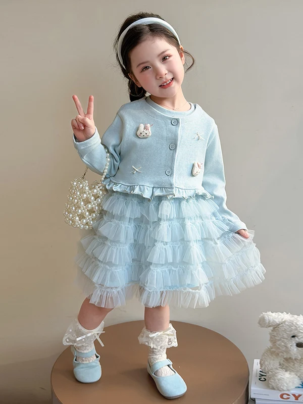 Conjunto de Vestido para Meninas com Cardigã de Manga Longa e Saia de Princesa em Tule, Conjunto de Duas Peças Estilo Casual