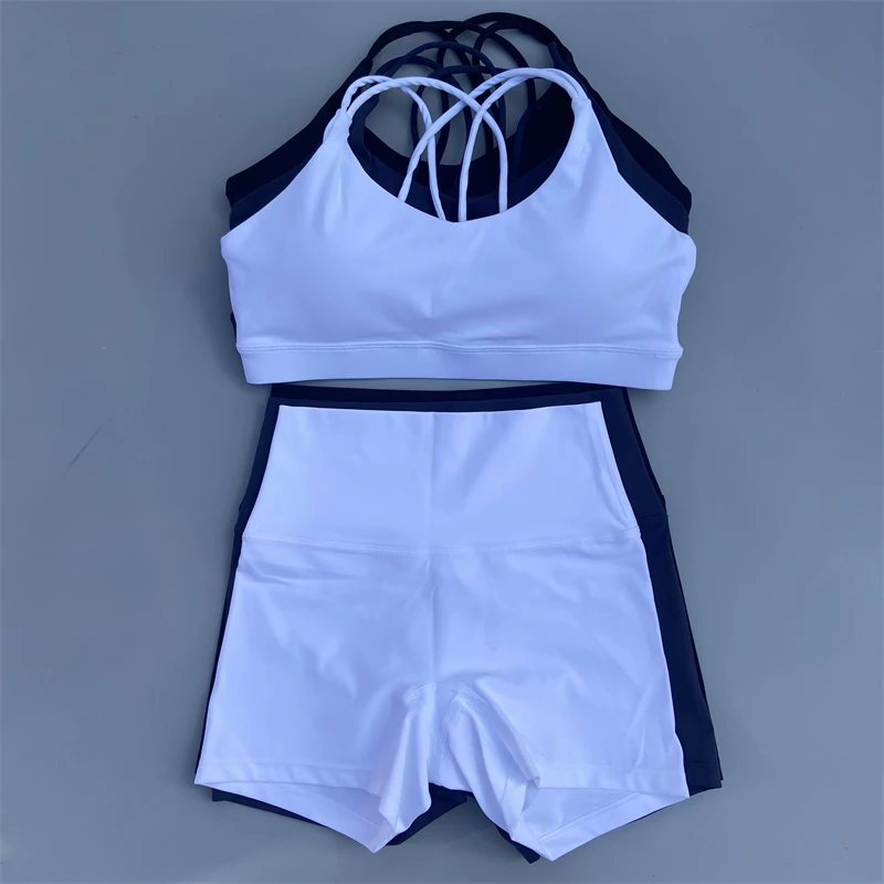 Yoga Shorts Set Women Gym Sports Set Workout Tracksuit 2 Piece Fitness Suit Cross Straps Bra High Waist Shorts Running Clothes