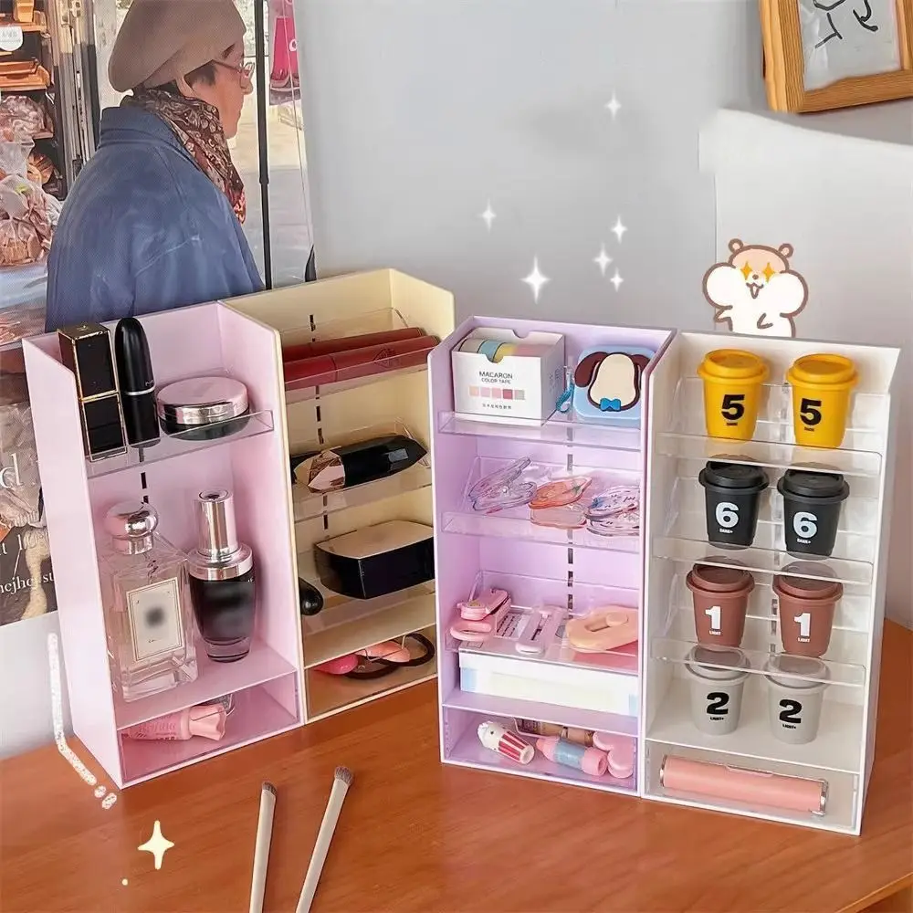 Cute 6 Compartments Plastic Desk Organizer Drawer 3 Tier Stationary Storage Rack Detachable Sturdy Desktop Display Shelf Office