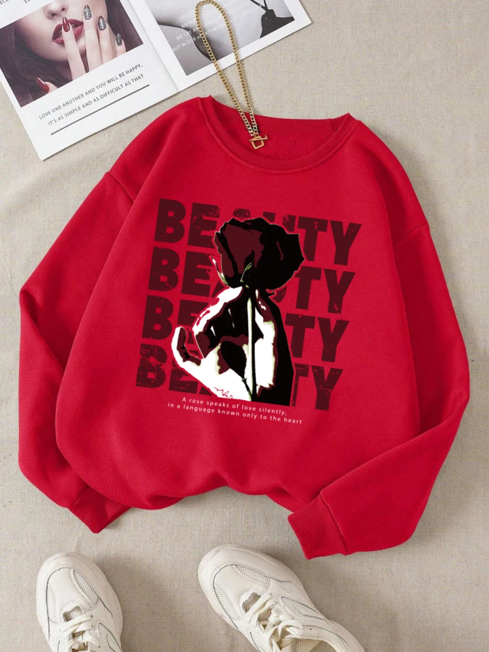 

Beauty Rose Sweatshirt Womens Retro Printing Hoodies Crewneck Loose Fleece Warm Tops Winter Casual Comfortable Woman Clothes