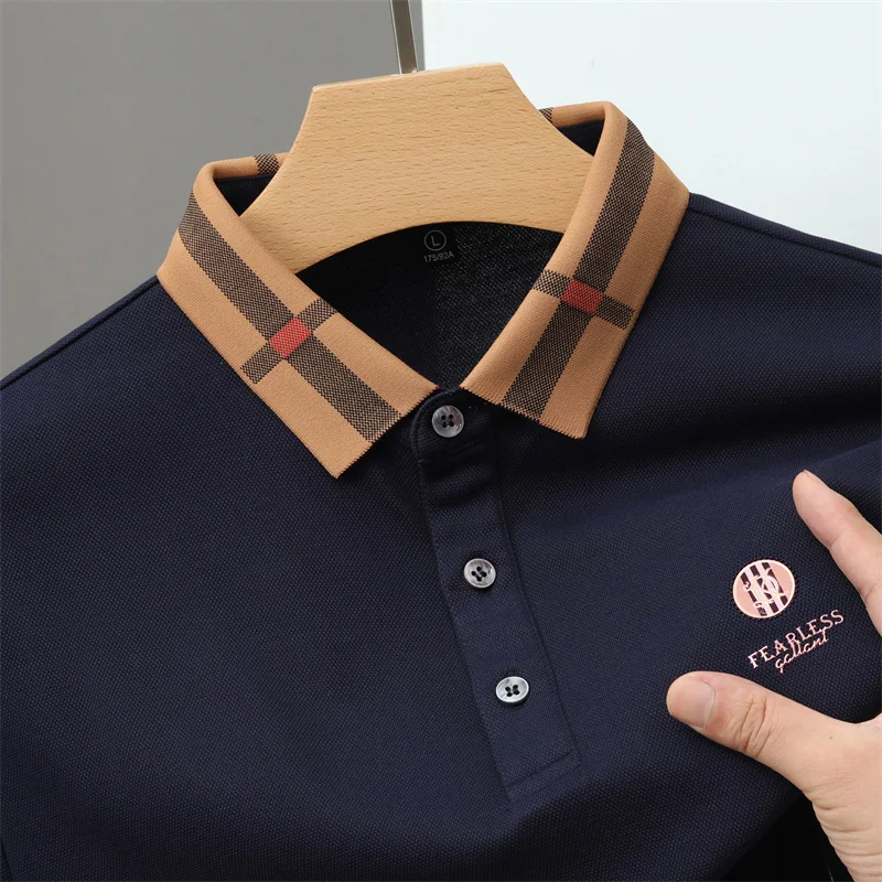 

Роскошные мужские рубашки с длинными рукавами POLO осенняя мода индивидуально перевернутый воротник фирменный логотип дизайн блузка шелковая футболка для отдыха