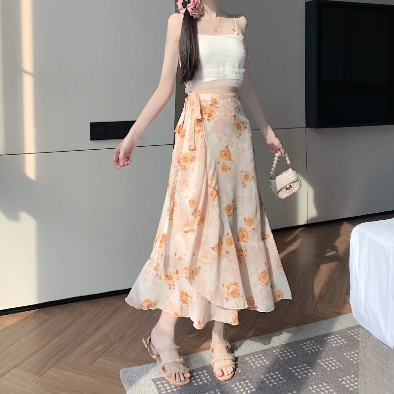 Ele Floral Lace Fi Tail กระโปรง f-length ผู้หญิงฤดูร้อน One-piece Slit Lotus Le กระโปรงเส้นใยโพลีเอสเตอร์ Midi กระโปรง