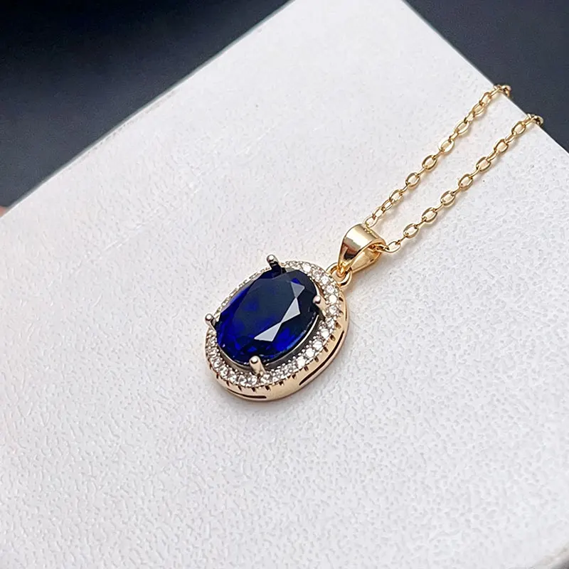925 Silver Manmade Sapphire Jewelry 10mm*8mm 3ct Natural Sapphire Pendant with 18k Gold Plated Gemstone Jewelry