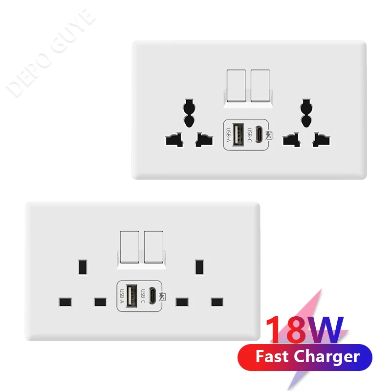 Universal 18W Type-C Fast Charging Dual 3pin Power Outlet,White Ultra-Thin Wall light Switch Panel,Uk 13A USB Electrical Socket