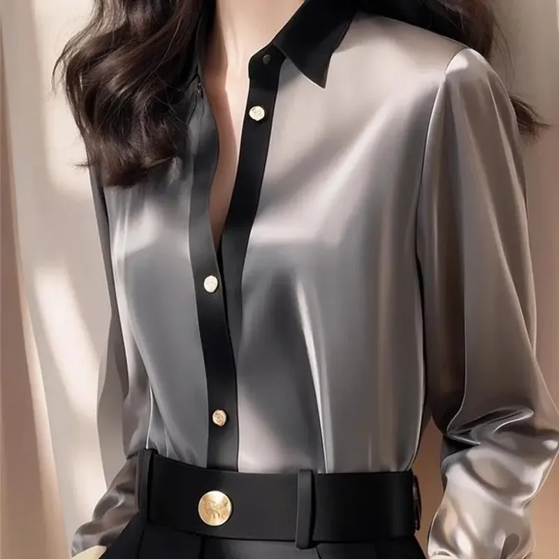 Chemise française à manches longues en Satin pour femmes, à la mode et polyvalente, Cardigan à boutons polyvalent, printemps et été