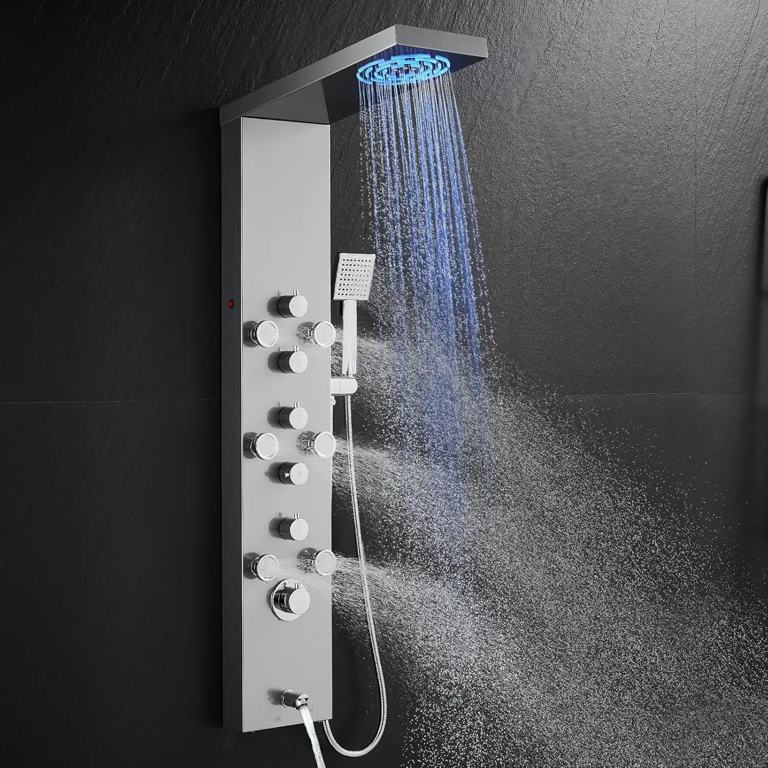 ROVATE LED Shower Panel MIST Shower Rainfall Head Body Jets Handheld Tub Spout Stainless Steel Tower System Brushed