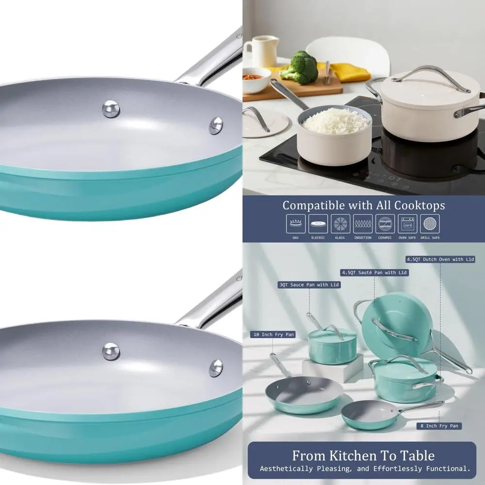 

10 Ceramic Nonstick Pan - All Cooktops, PTFE/PFOA/PFAS-Free, Oven Safe to 500°F, Healthy, Ergonomic Handle, Caribbean Blue