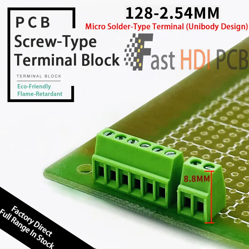 Phoenix-style DG308 128-2.54mm One-Piece PCB Mount Screw Terminal Block, 6A 150V Green 2-12P