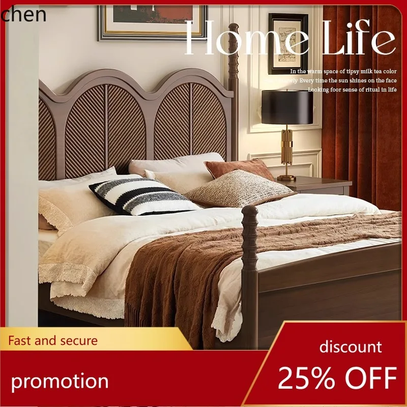HT Retro Solid Wood Bed 1.5M 1.8M Double Bed Modern Simple Mid-century Style Master Bedroom Wedding Bed
