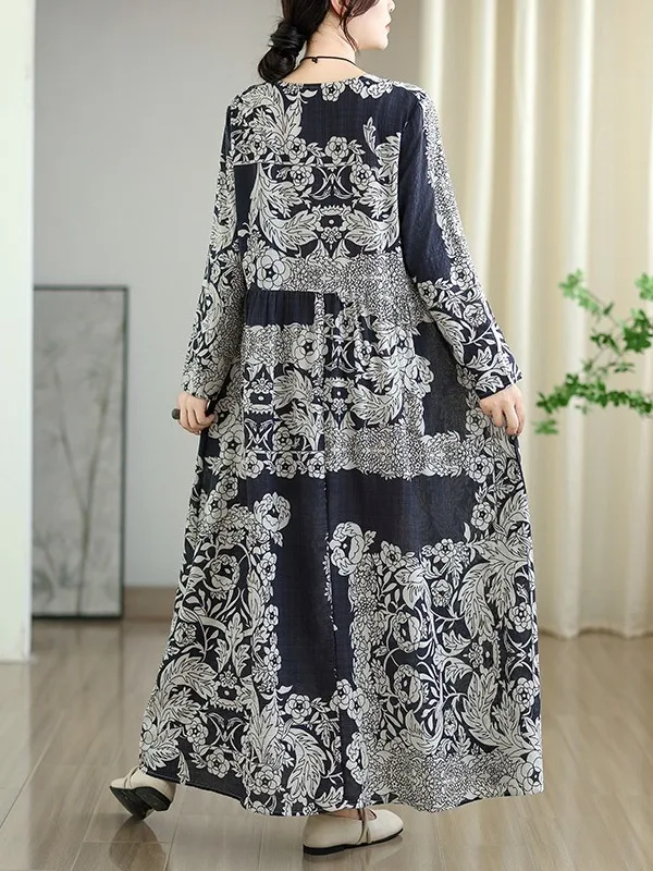 เสื้อผ้าผู้หญิงไซส์ใหญ่ ผ้าฝ้ายลินินพิมพ์ลายเรโทร ทรงเอ แขนยาว คอกลม สวมใส่สบาย เหมาะสำหรับฤดูใบไม้ผลิและฤดูใบไม้ร่วง