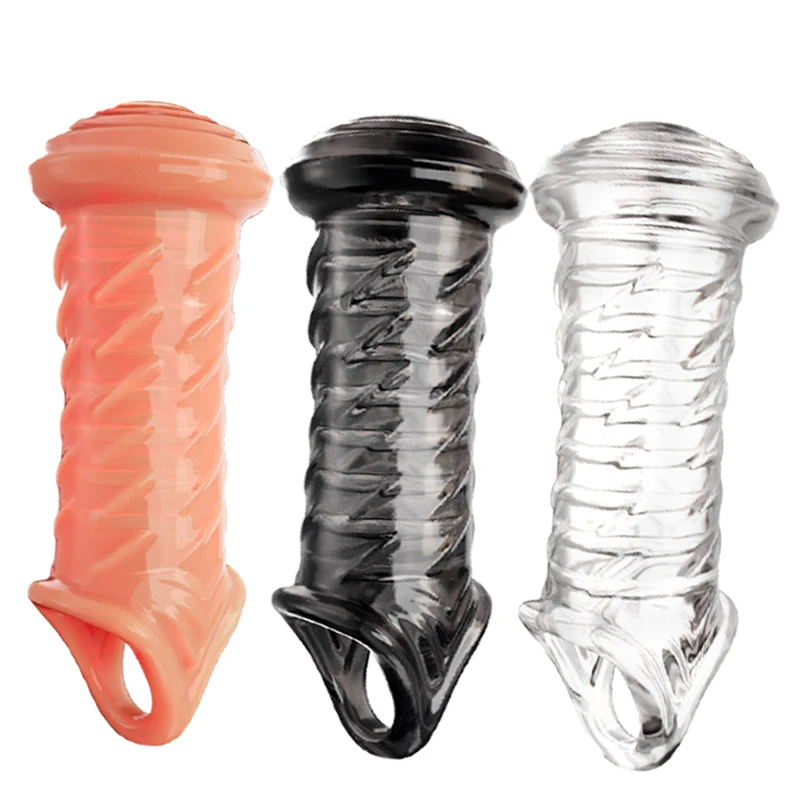 No Vibrator Reusable Penis Sleeve Extender Enlargement Condoms G Spot Male Extension Delay Ejaculation Anal Sex Toys For Men