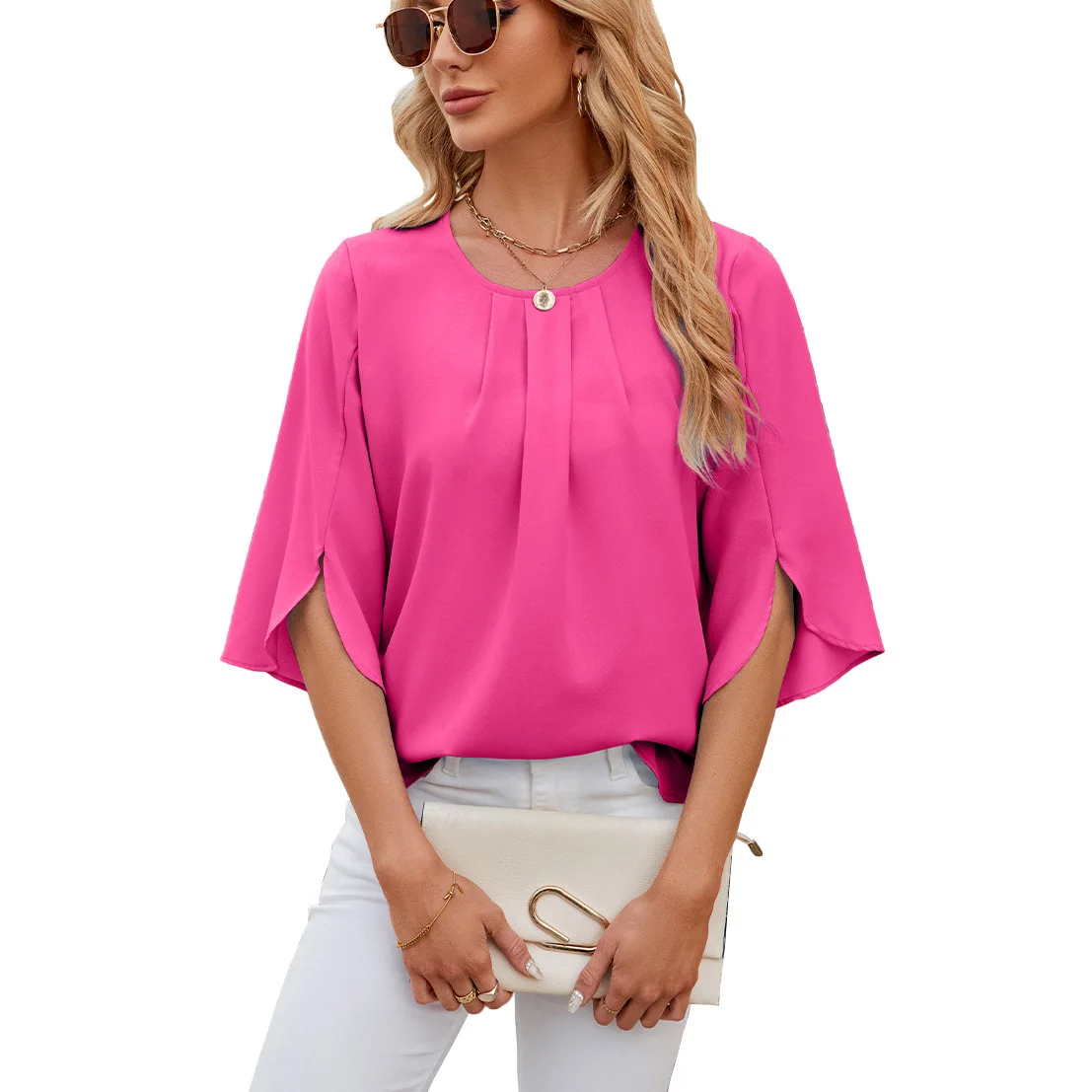 Meia manga chiffon top para as mulheres, plissado em torno do pescoço, cor sólida, para o verão