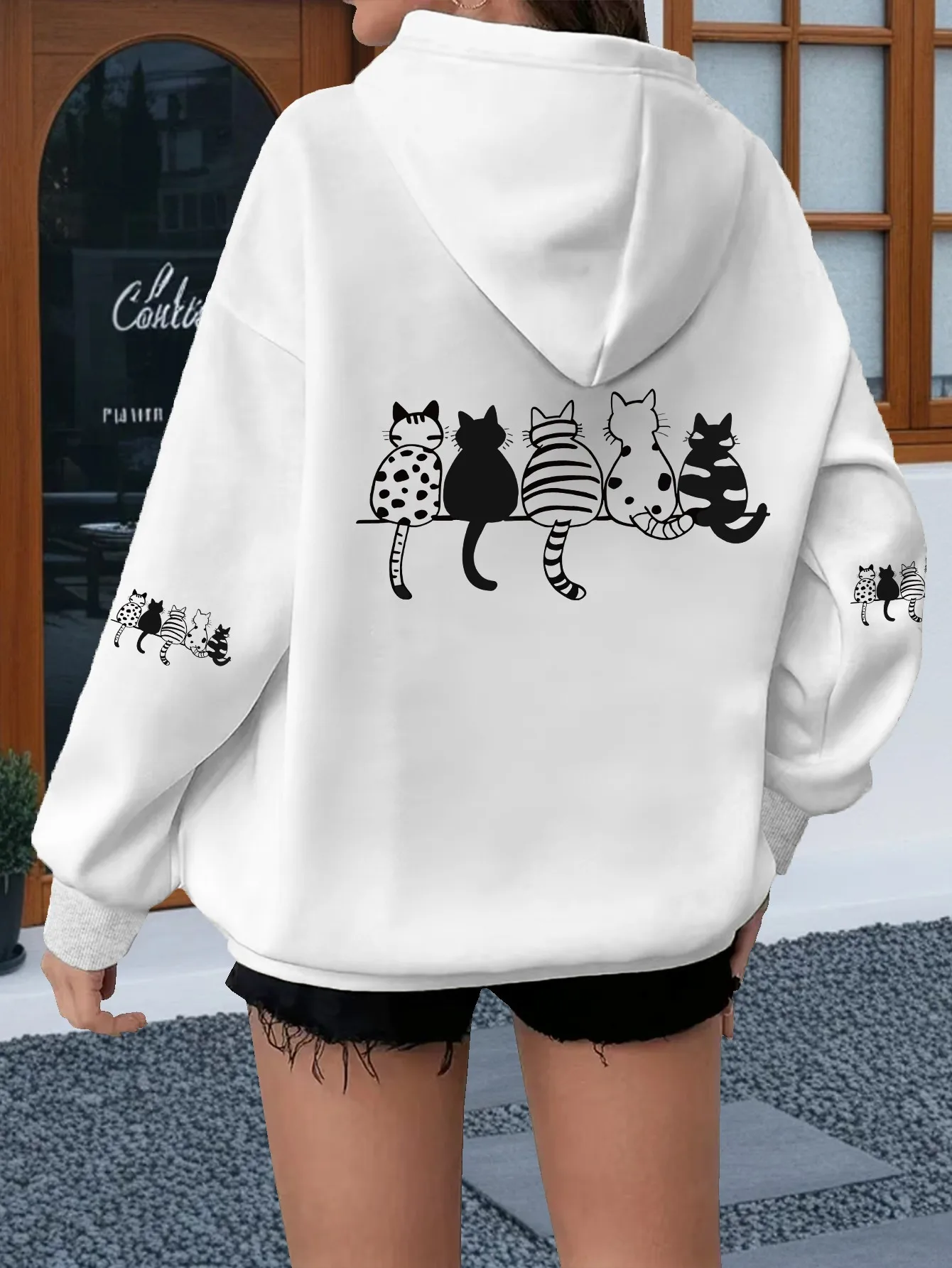 Women Hooded Sweatshirt Cute Sitting Cat Group Back Sleeve Graphic Print Soft Warm Pet Lover Street Men Daily Casual Hoodie
