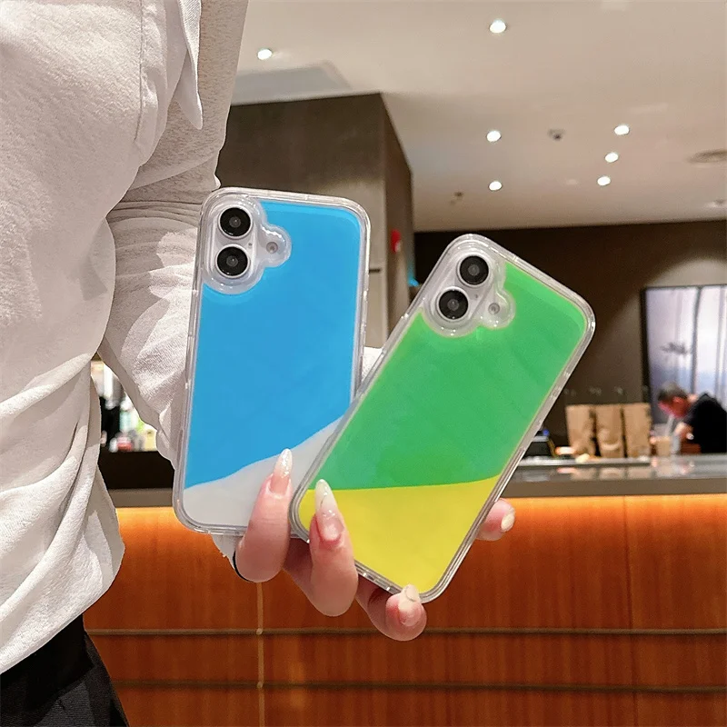 Luminous Moving Sand Phone Case 16 Pro Cover for iPhone 15 14 17 Pro Max Shell Glow in Dark Liquid Glitter Quicksand Hard Fundas
