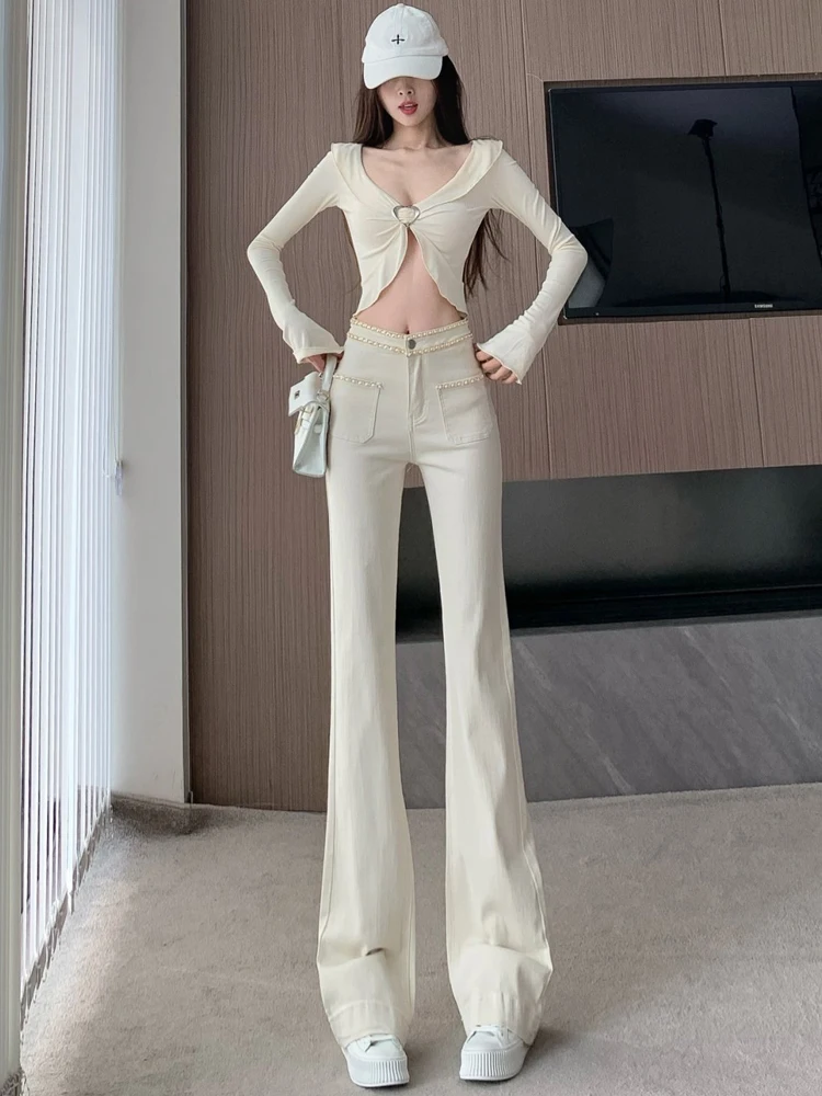 

High Waist Wide Leg Loose Fit Women's Jeans Trousers Drapey Splicing Straight Design Spring Autumn Color Blo Floor-Length
