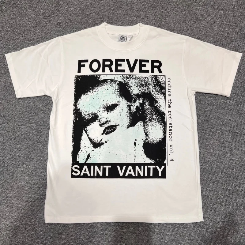Retro Streetwear White T Shirt Saint Unisex Vintage Newspaper Style Portrait Graphic Cotton Tee