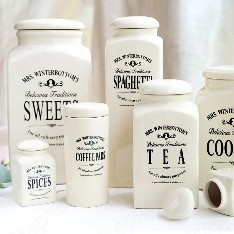 American Vintage Ceramic Mason Jar Simple Coffee Beans Salt Spices Storage Jars with Lid Cereal Dispenser Kitchen Canister Sets